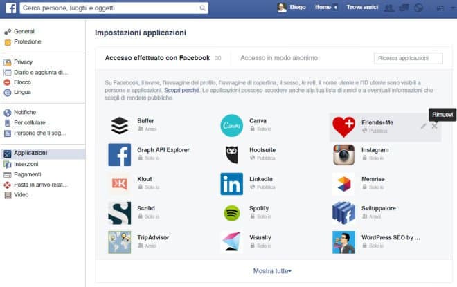 Gestione Applicazioni profilo Facebook