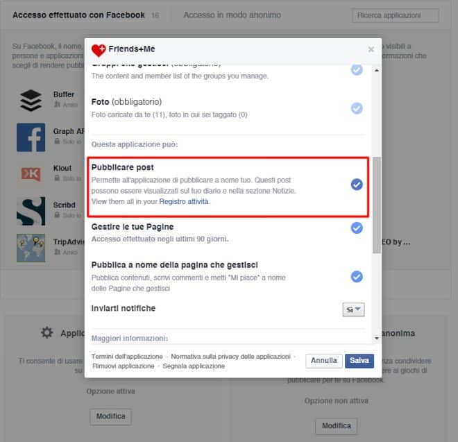 Blocco singola applicazione privilegi facebook