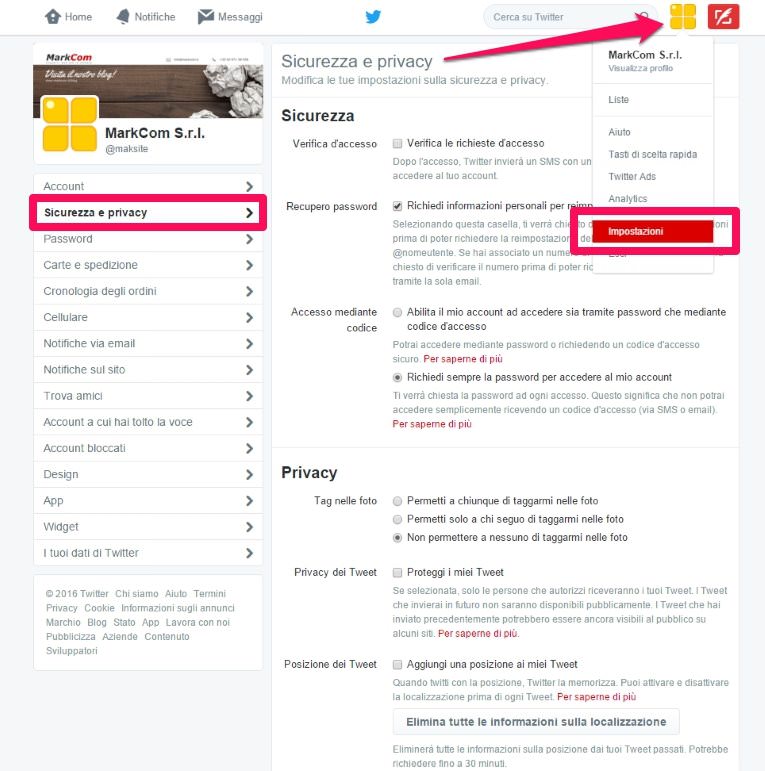 Le impostazioni per proteggere la privacy su Twitter