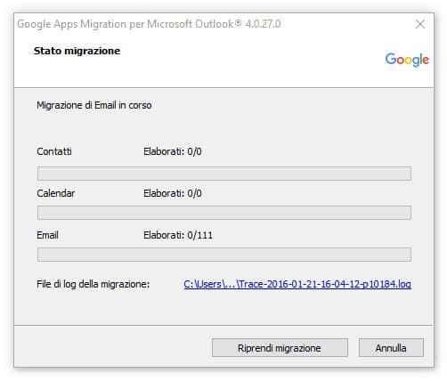 Google migration tool avanzamento migrazione dati